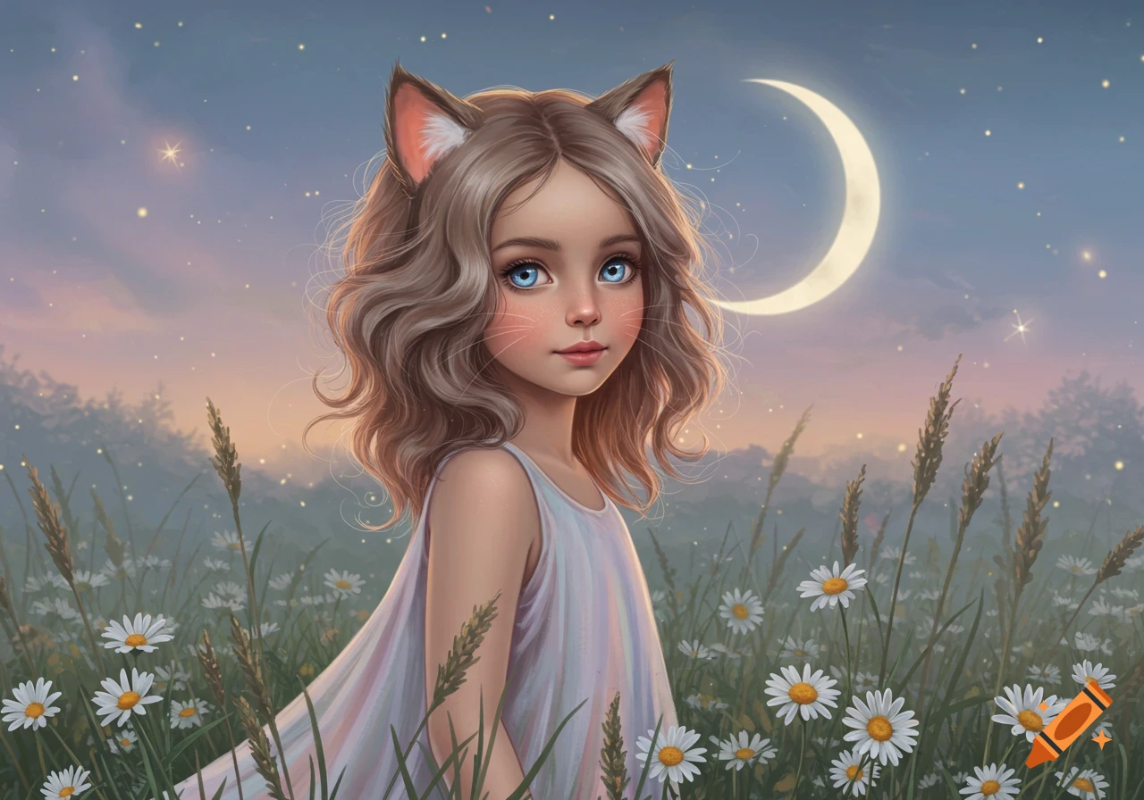 An illustration of a girl with cat ears and blue eyes, standing in a field of daisies under a starry sky with a crescent moon.