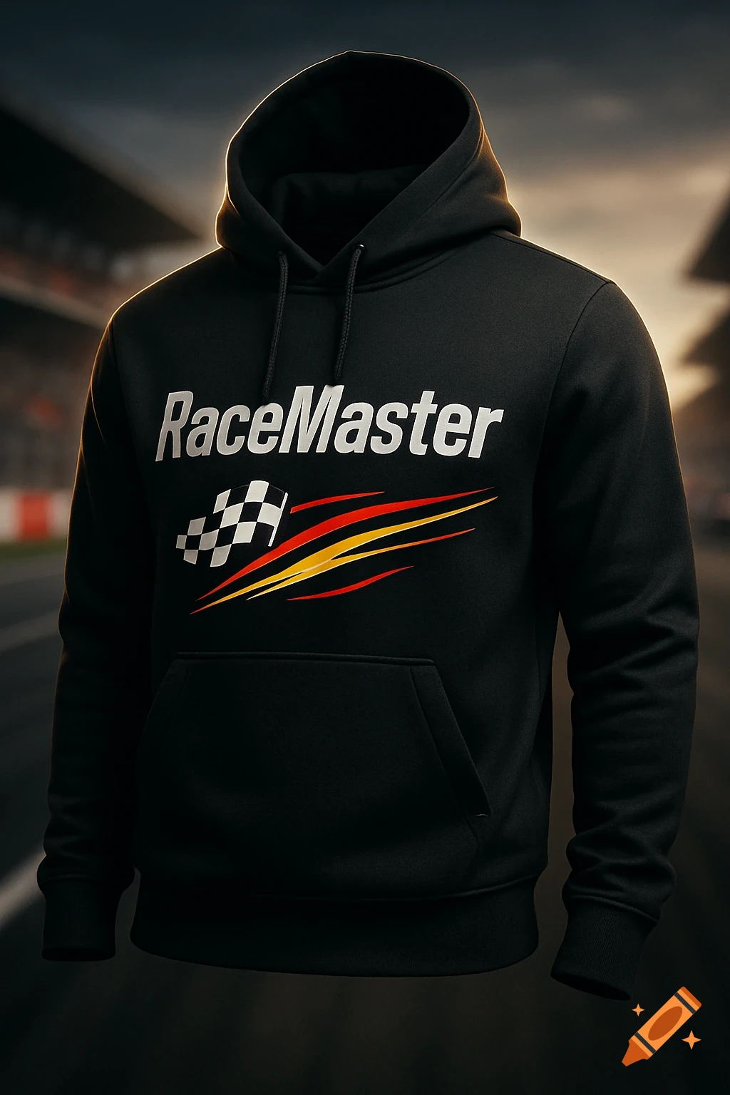 A black hoodie featuring the white text 'RaceMaster' and a racing flag design with red and yellow speed lines, set against a blurred racetrack background.