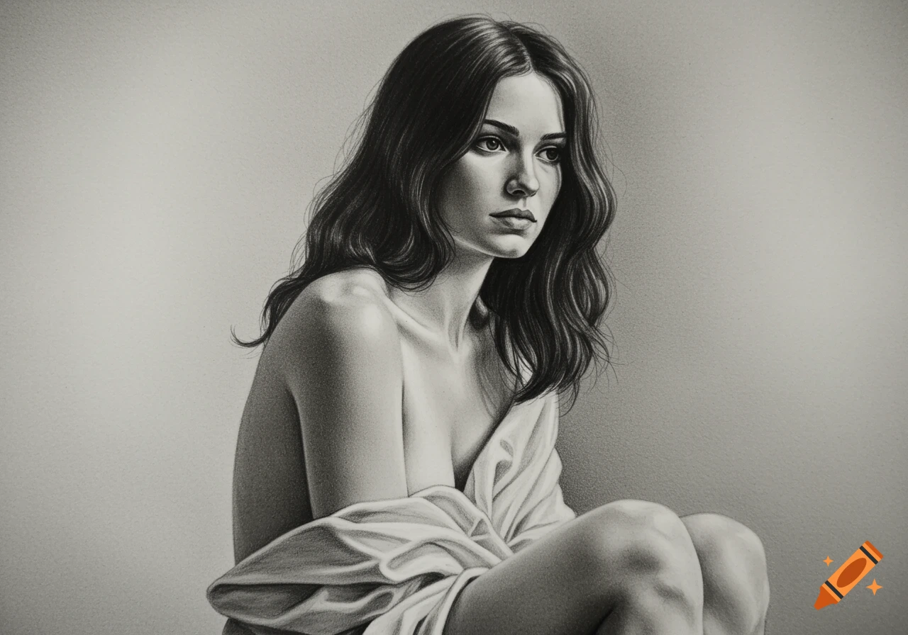 Monochrome charcoal drawing of a woman with long dark hair, draped in white fabric, looking off to the side.