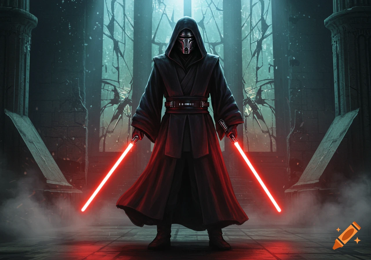 A masked hooded figure, resembling Darth Revan, stands in a dark, ruined chamber, holding two glowing red lightsabers.
