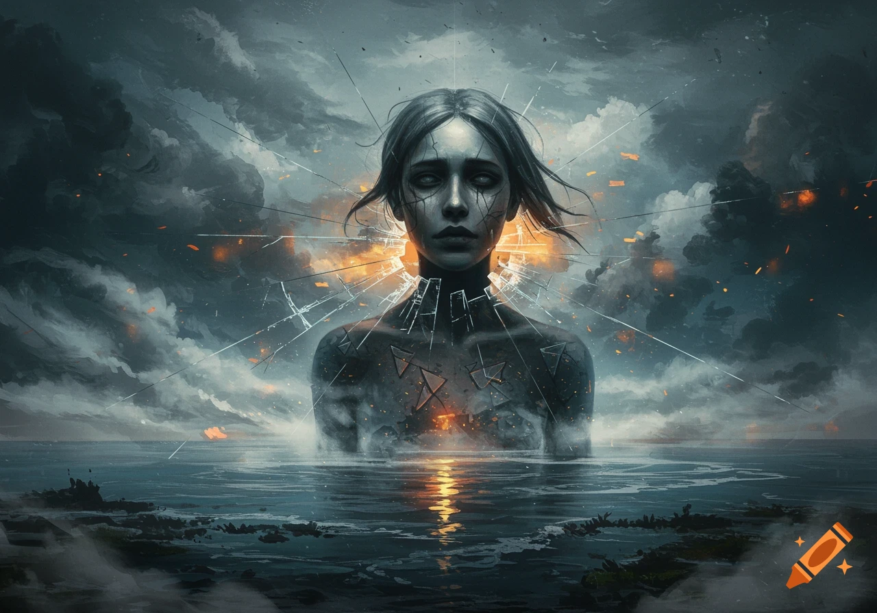 A person with a cracked face and body, surrounded by shattered glass shards and glowing embers, emerges from dark, rippling water under a stormy sky.