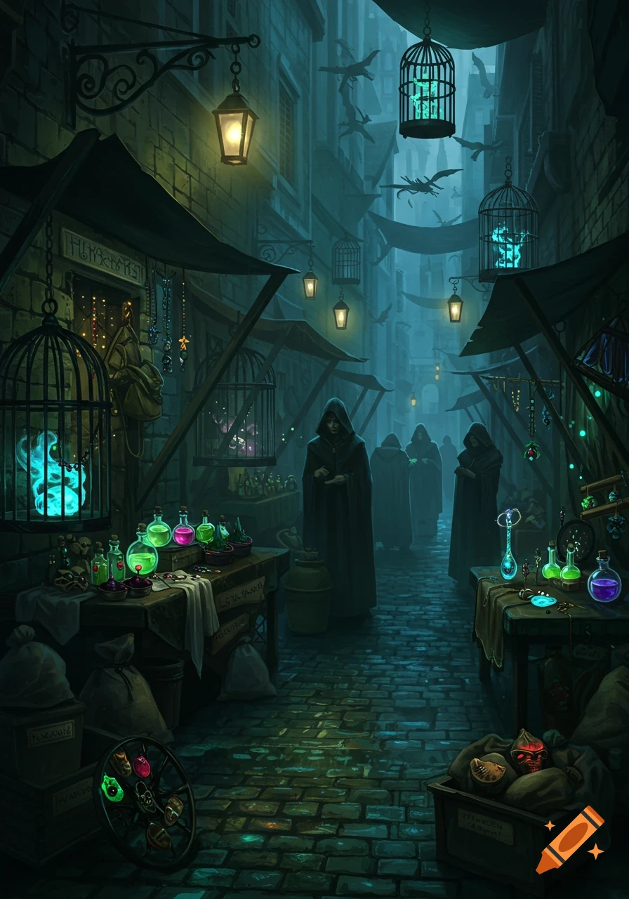 A dark fantasy market street at night, with hooded figures, glowing potions, lanterns, and hanging cages.