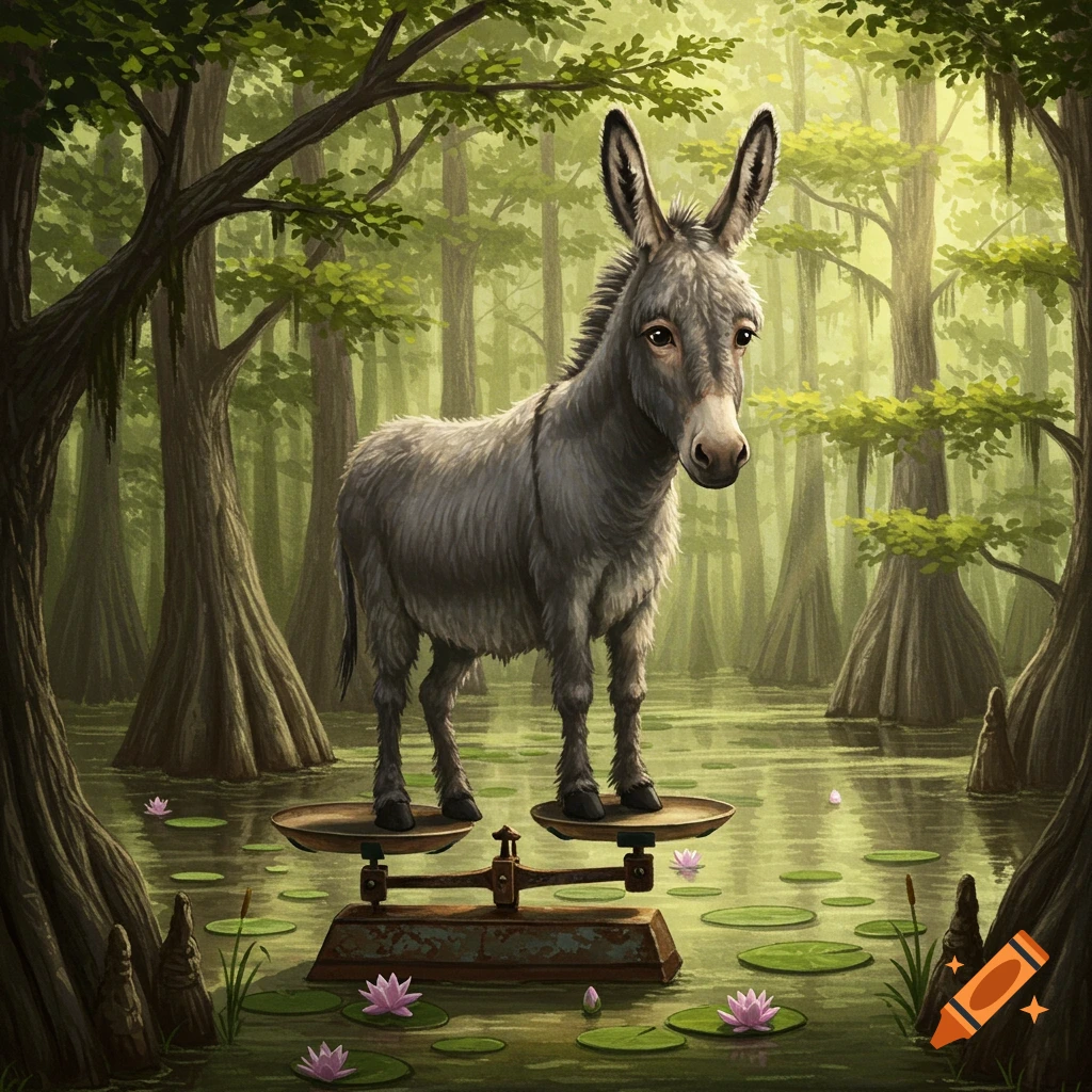 A gray donkey stands on a weighing scale in a swamp with cypress trees and pink water lilies, in a painterly style.