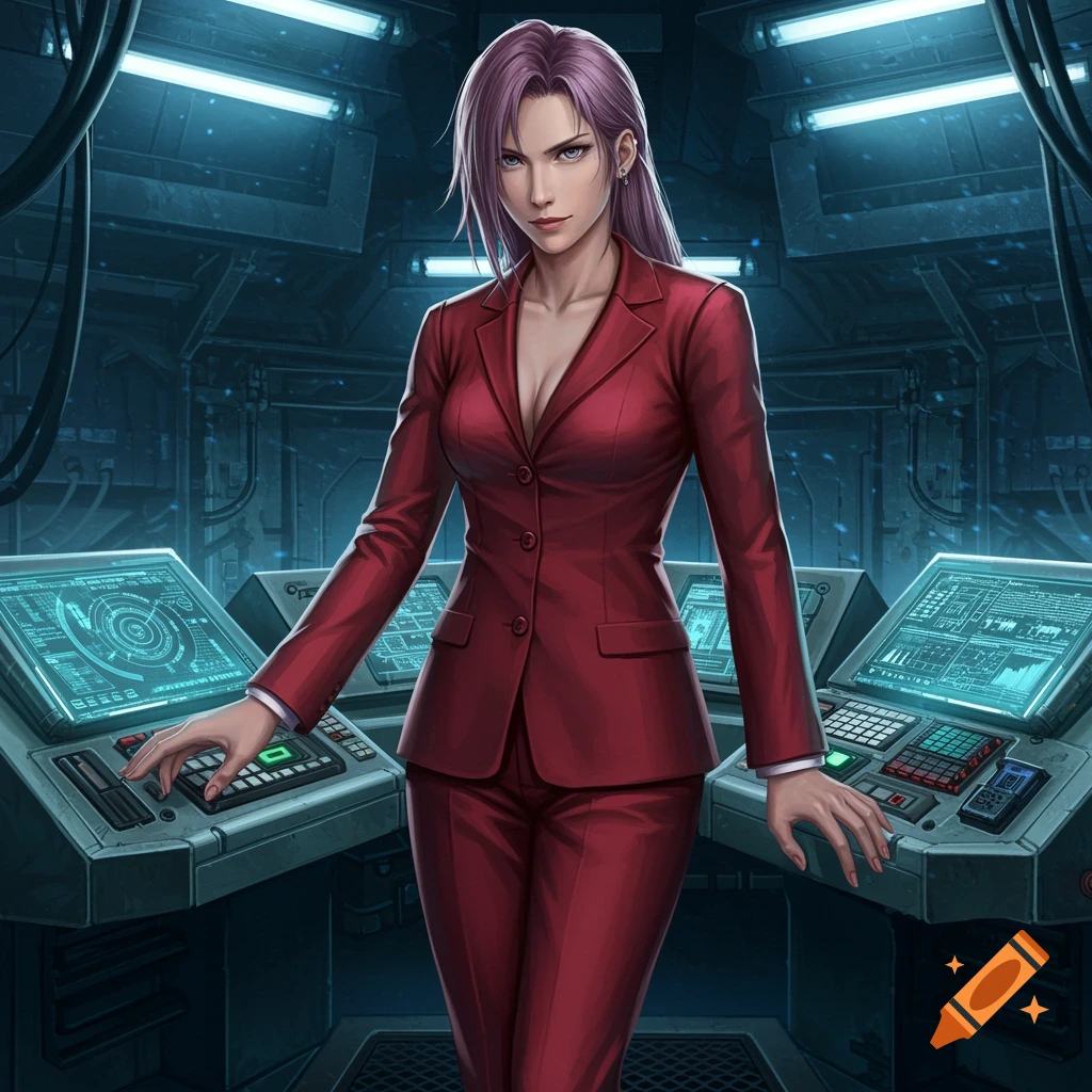 A woman with purple hair in a red suit stands in a futuristic control room with glowing screens, in a detailed art style.