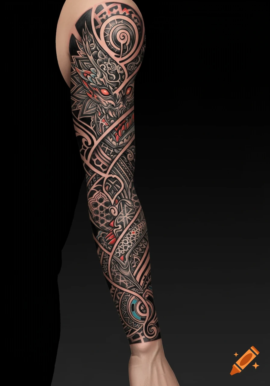 A detailed full sleeve tattoo featuring a stylized black and grey dragon with red eyes and geometric patterns.