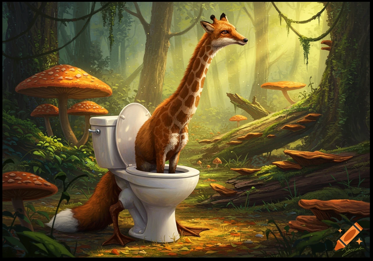 A fantastical fox-giraffe creature with duck feet stands in a toilet amidst a vibrant, mushroom-filled forest.