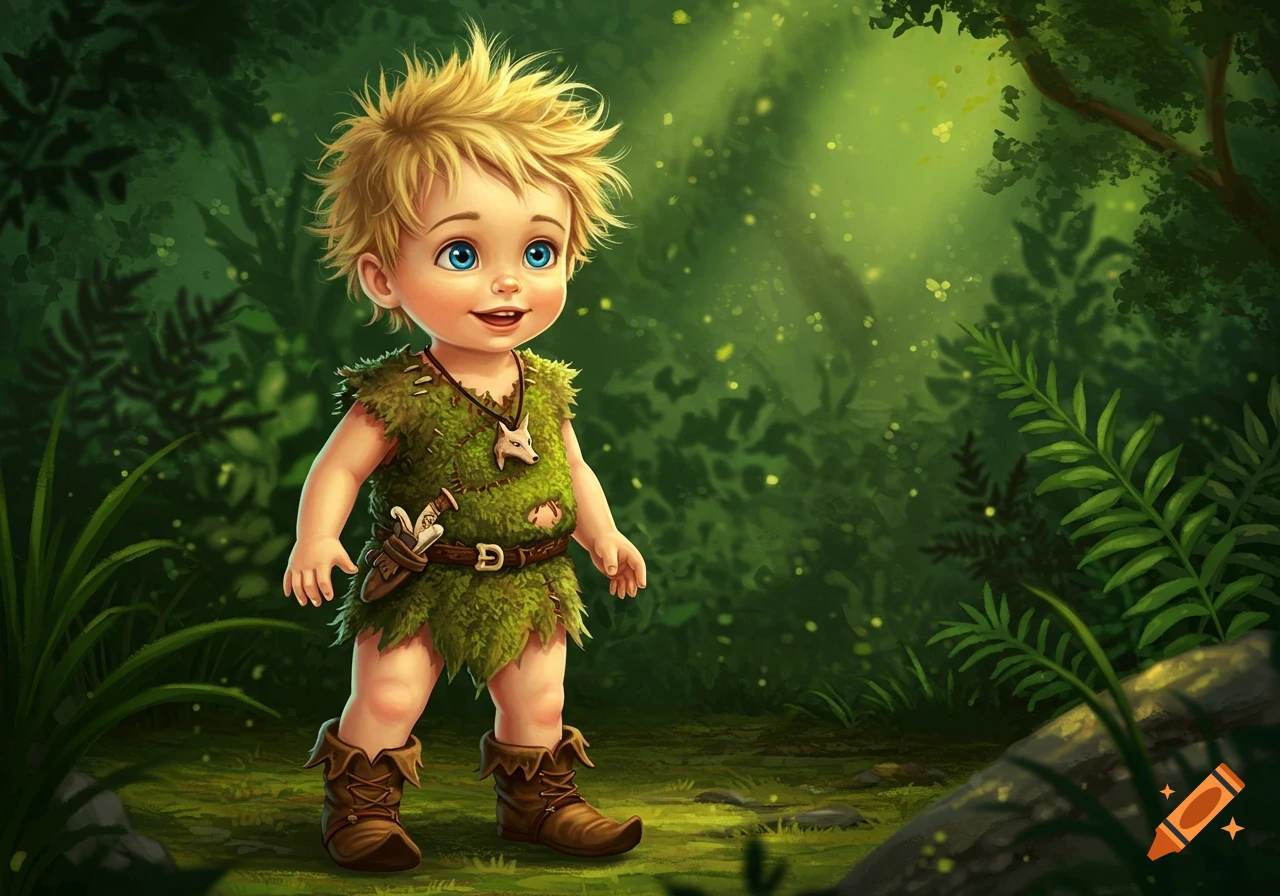 A cute, stylized illustration of a blonde, blue-eyed child in a leaf tunic and boots, standing in a lush, green magical forest.