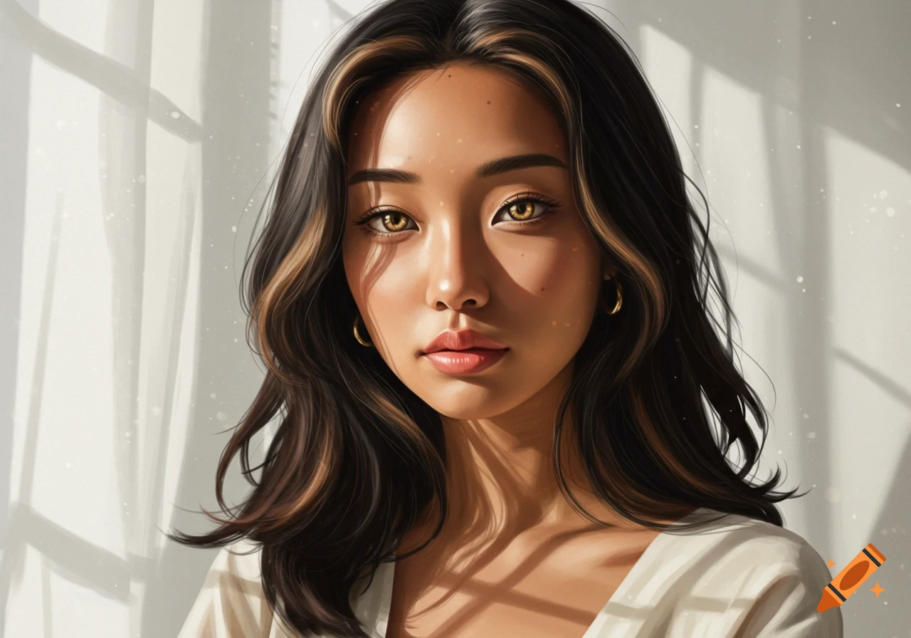 A stylized portrait of a young woman with dark hair and golden eyes, bathed in sunlight and window shadows.