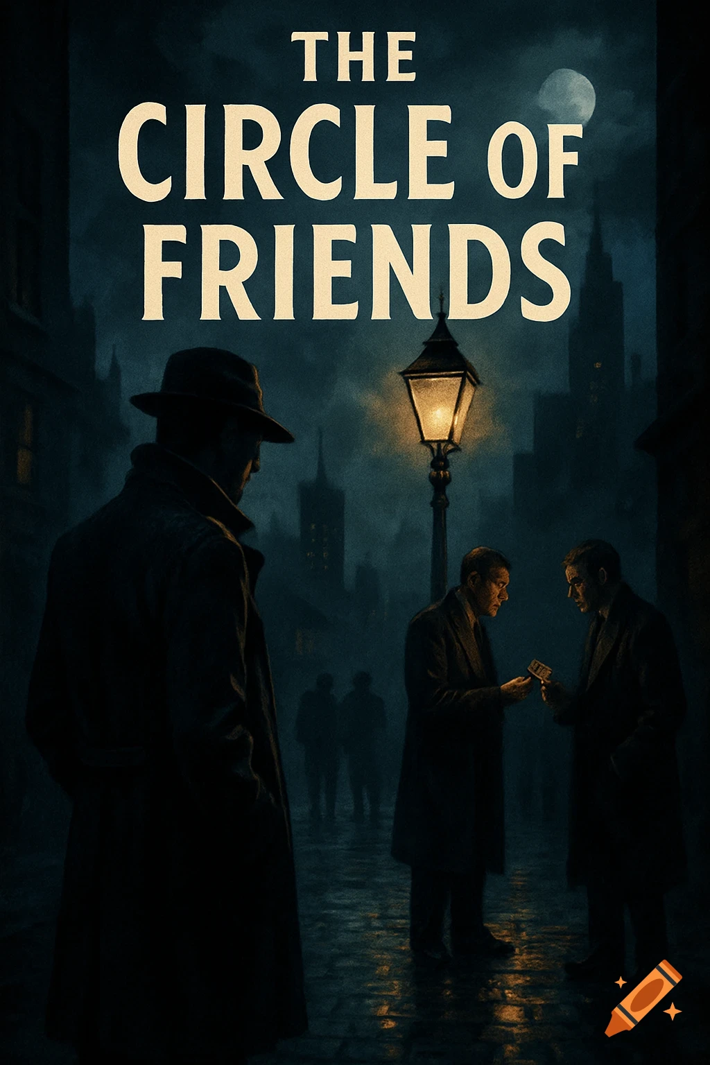 A dark, moody book cover showing men in trench coats on a street at night, with the title 'The Circle of Friends'.