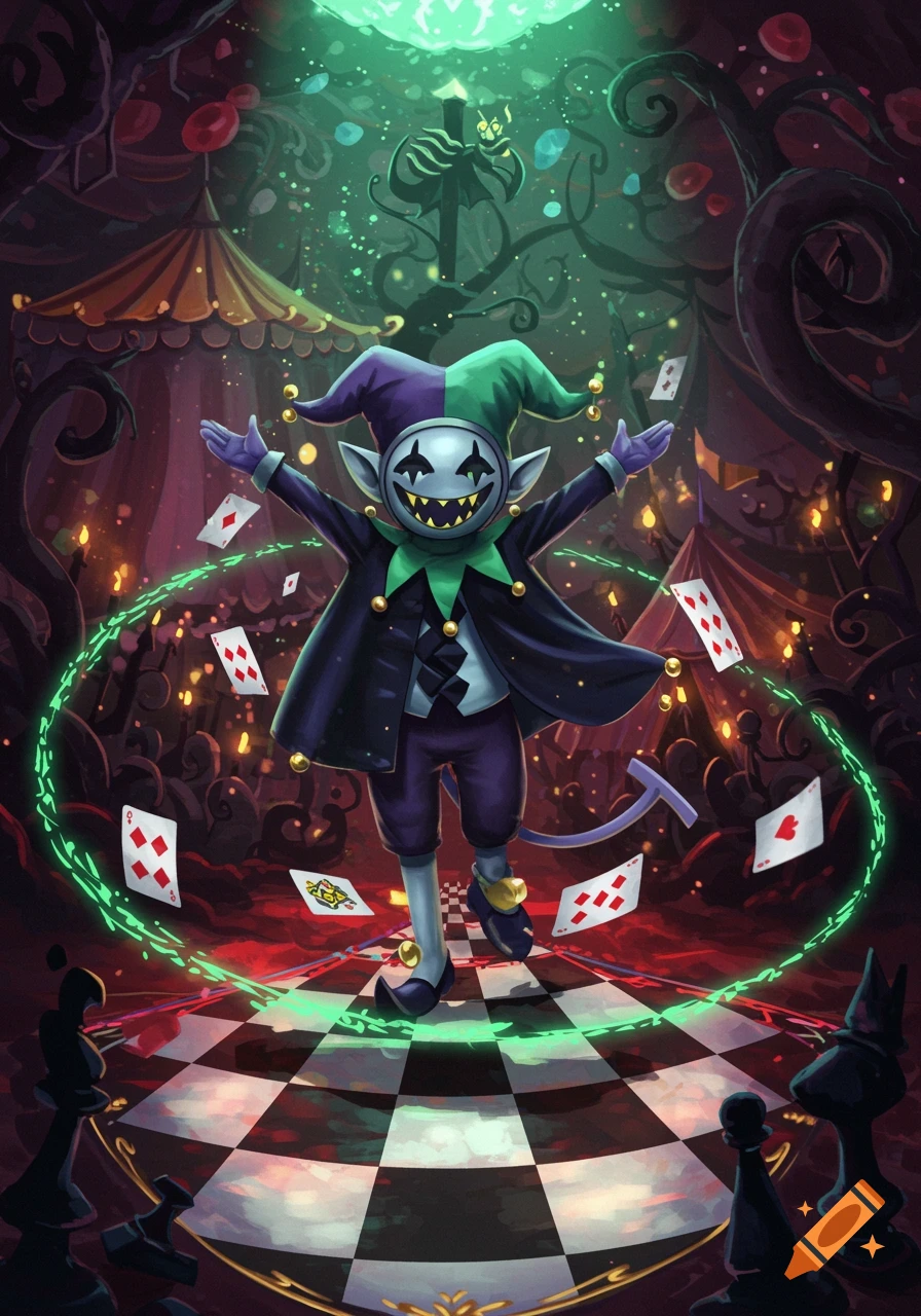A jester-like character with a masked face, purple and green hat, and coat stands on a chessboard amid floating playing cards in a dark, whimsical setting.