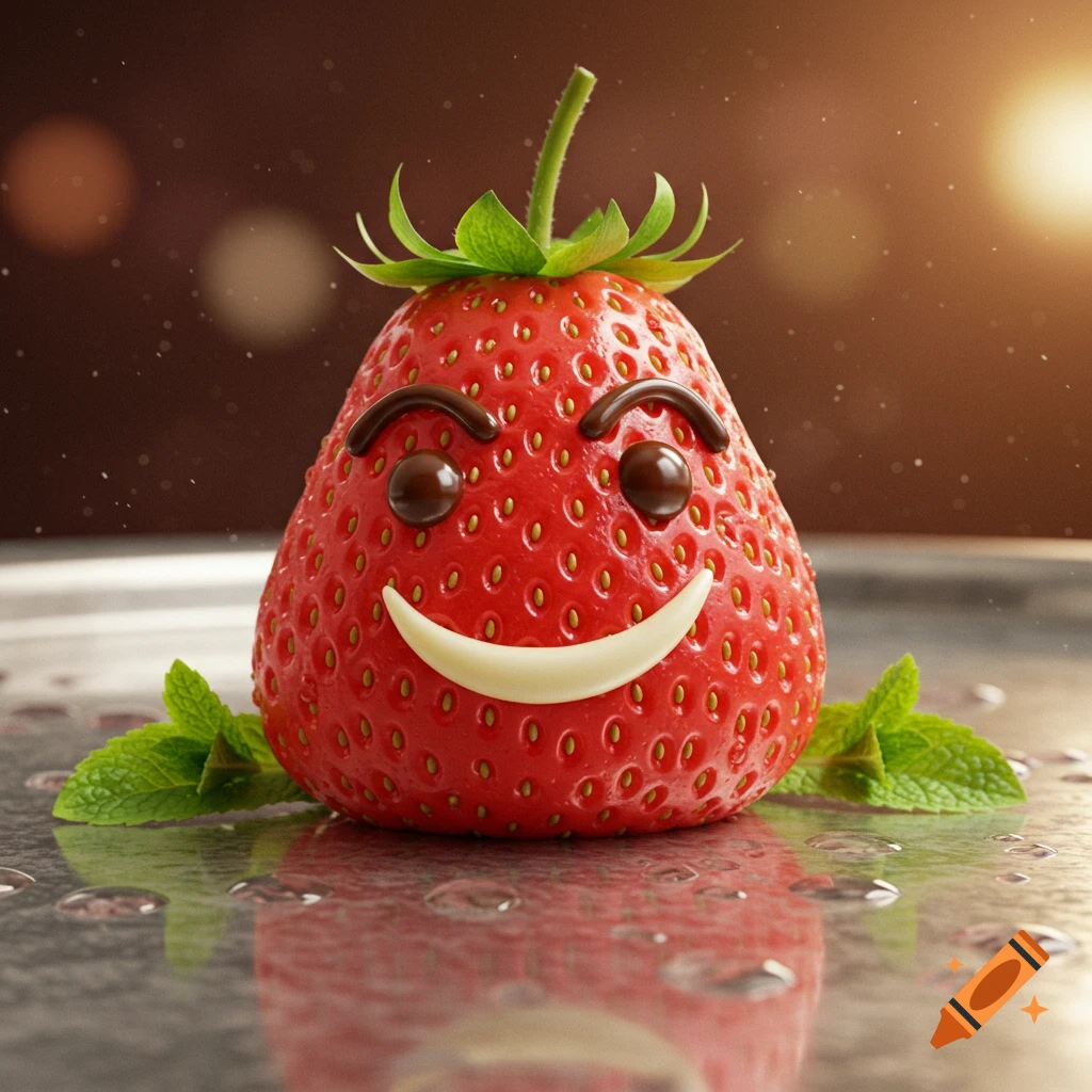 A happy strawberry with chocolate eyes and a white smile, sitting on a wet, reflective surface with mint leaves in warm light.