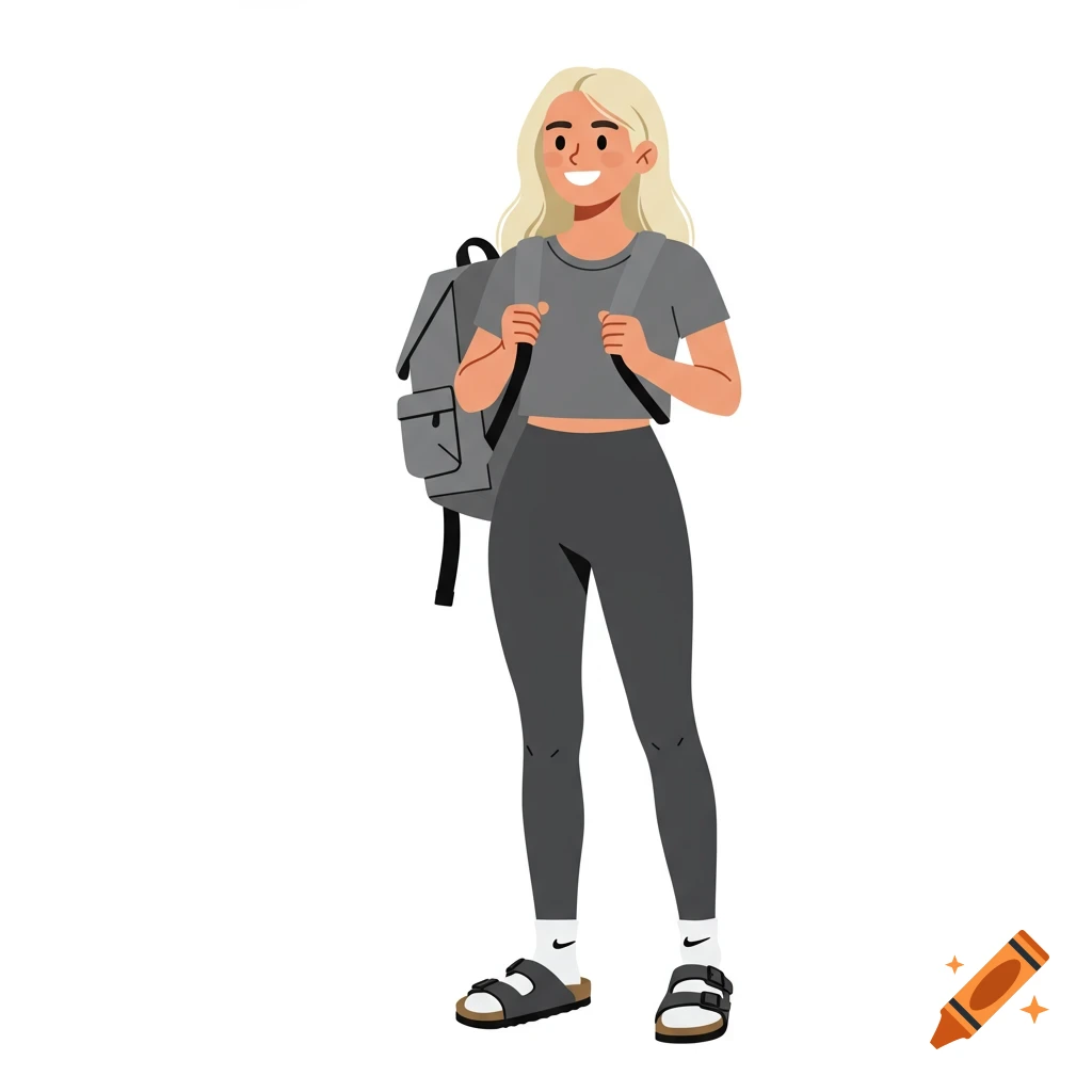 Blonde cartoon girl wearing a gray crop top, dark leggings, Nike socks, sandals, and a gray backpack, standing and smiling.