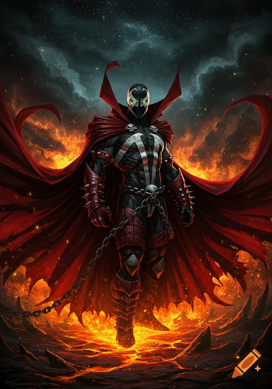 Spawn, an anti-hero with a black and red costume, a long flowing red cape, spiked gauntlets, and glowing green eyes, stands dramatically on a fiery, lava-filled landscape under a dark, stormy, starry sky.