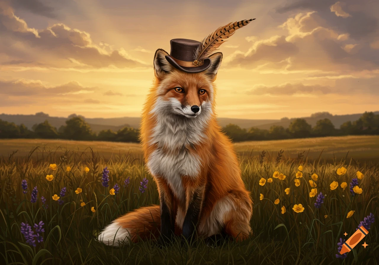 A fox wearing a top hat with a feather sits in a field of wildflowers during sunset, depicted in a painterly style.
