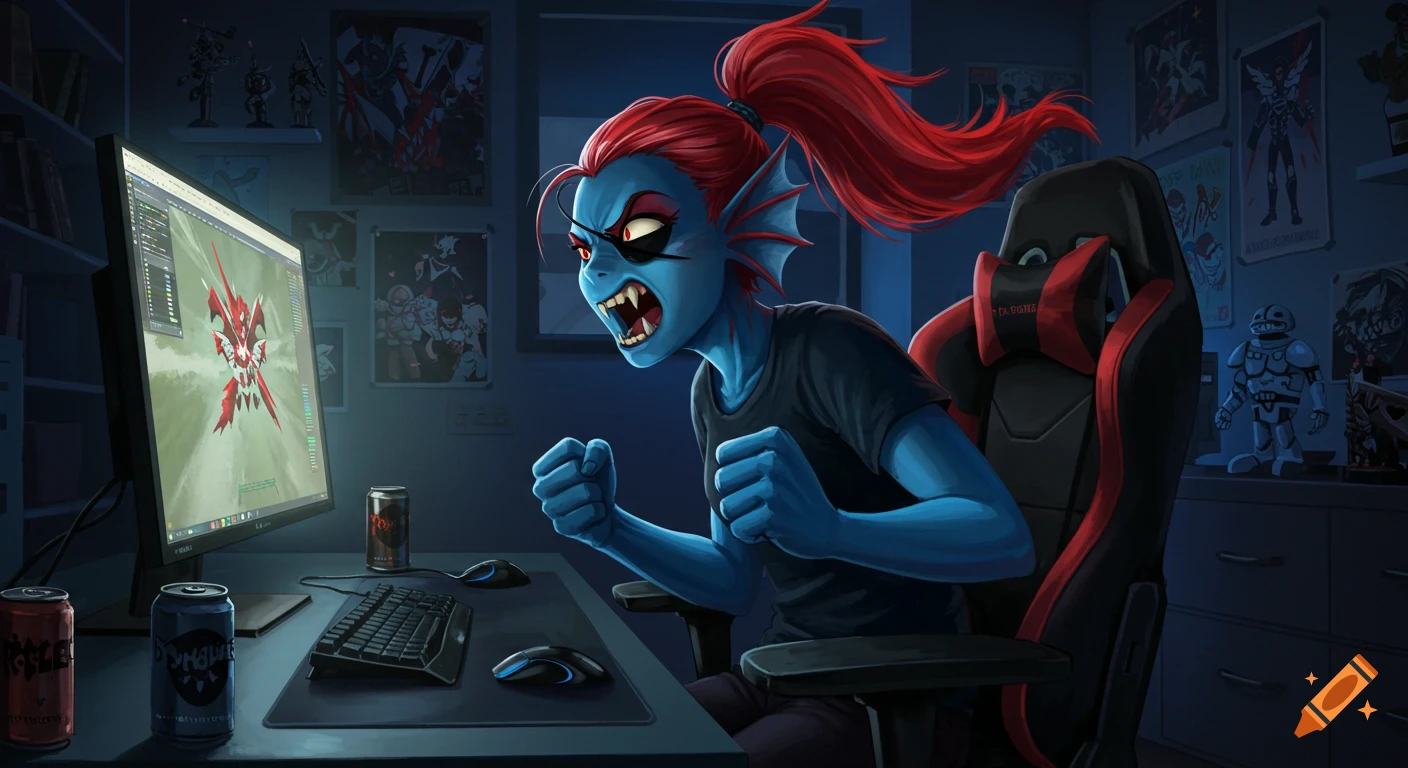 Undyne from Undertale, a blue-skinned, red-haired character, angrily punches the air while playing a game at a PC desk in a dark room.