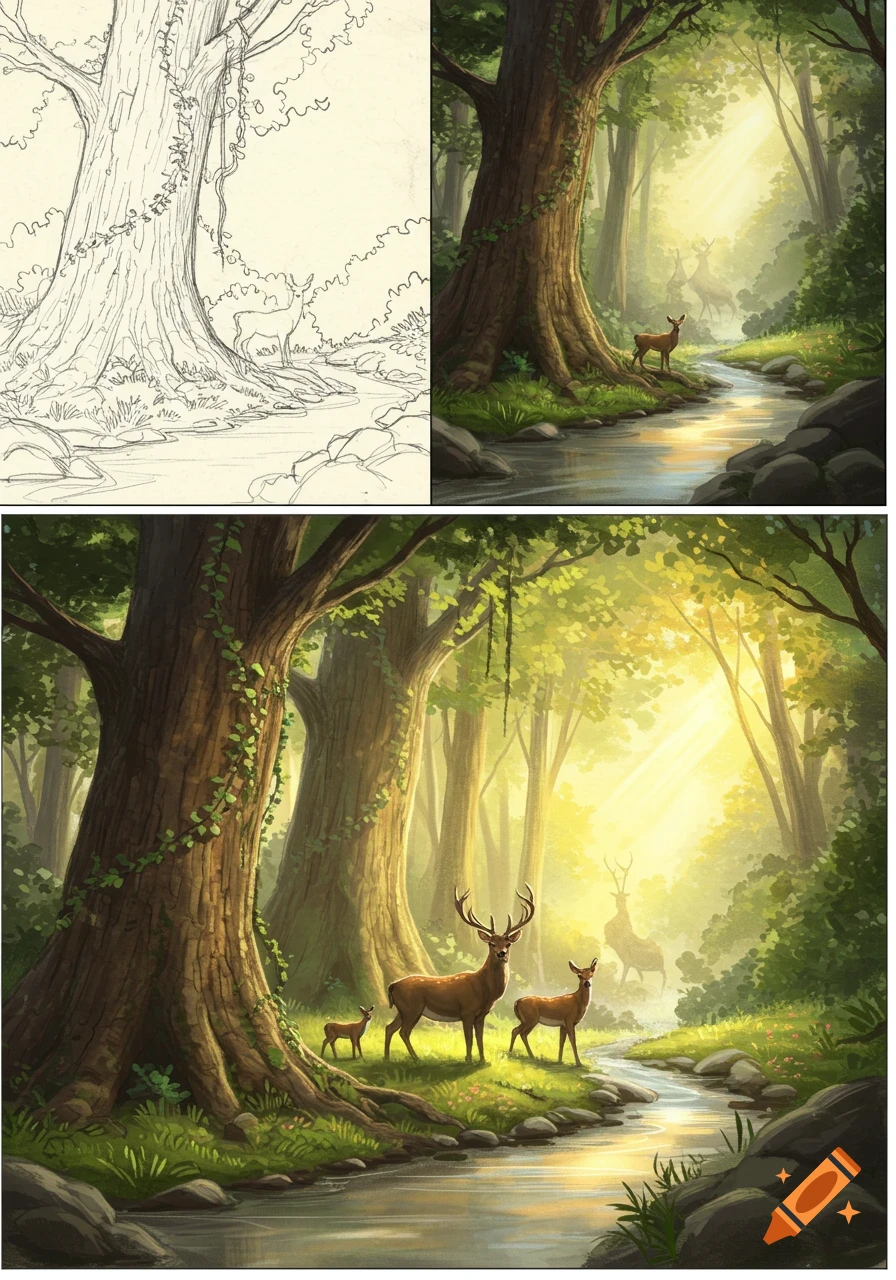 Sketch and digital painting of a sunlit forest with a river and deer.