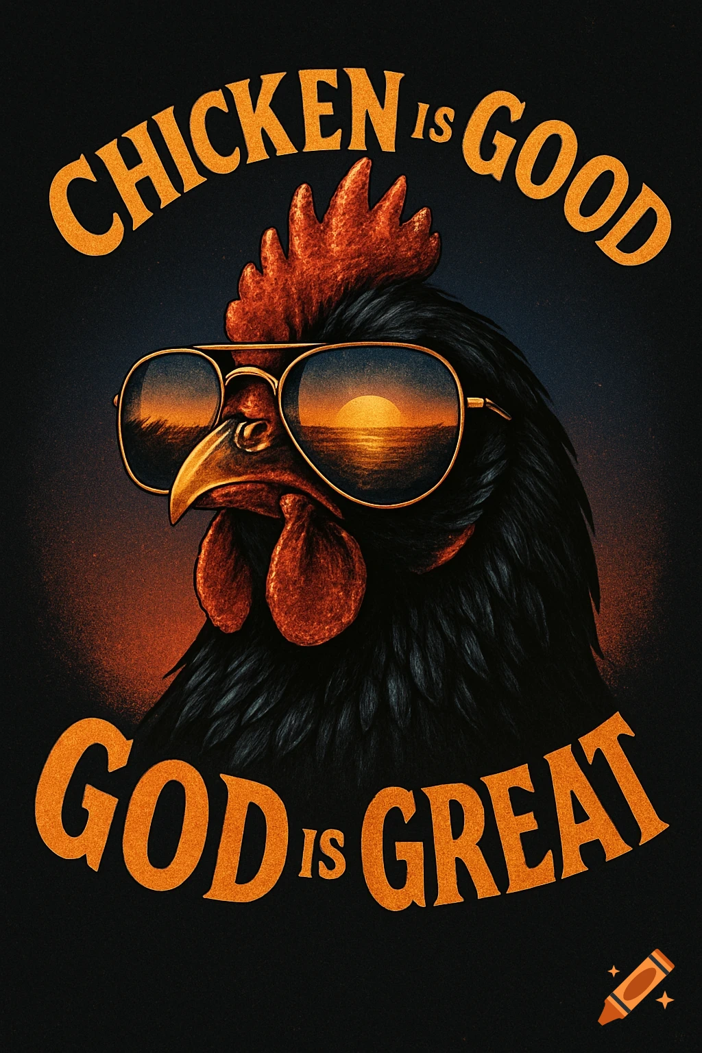 A stylized black chicken head wearing aviator sunglasses, reflecting a sunset over the ocean. Above, the text reads "CHICKEN IS GOOD". Below, the text reads "GOD IS GREAT".
