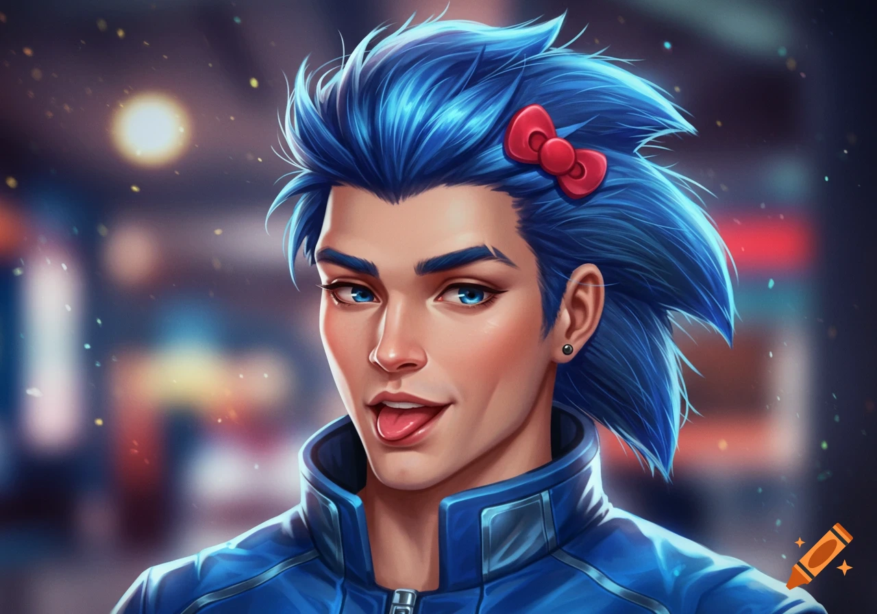 A handsome guy with spiky blue hair, a red Hello Kitty bow, and a blue racer jacket, sticking out his tongue, in a semi-realistic art style.
