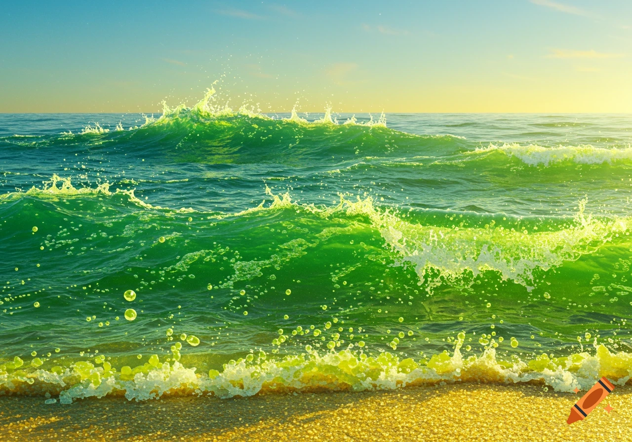 Bright green ocean waves crest and foam along a golden sandy beach under a clear sky.