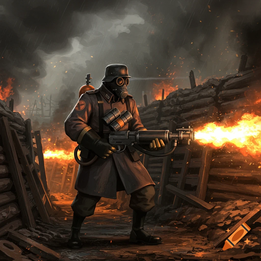 Stylized image of a WWI German soldier in a gas mask and helmet firing a flamethrower in a burning trench.