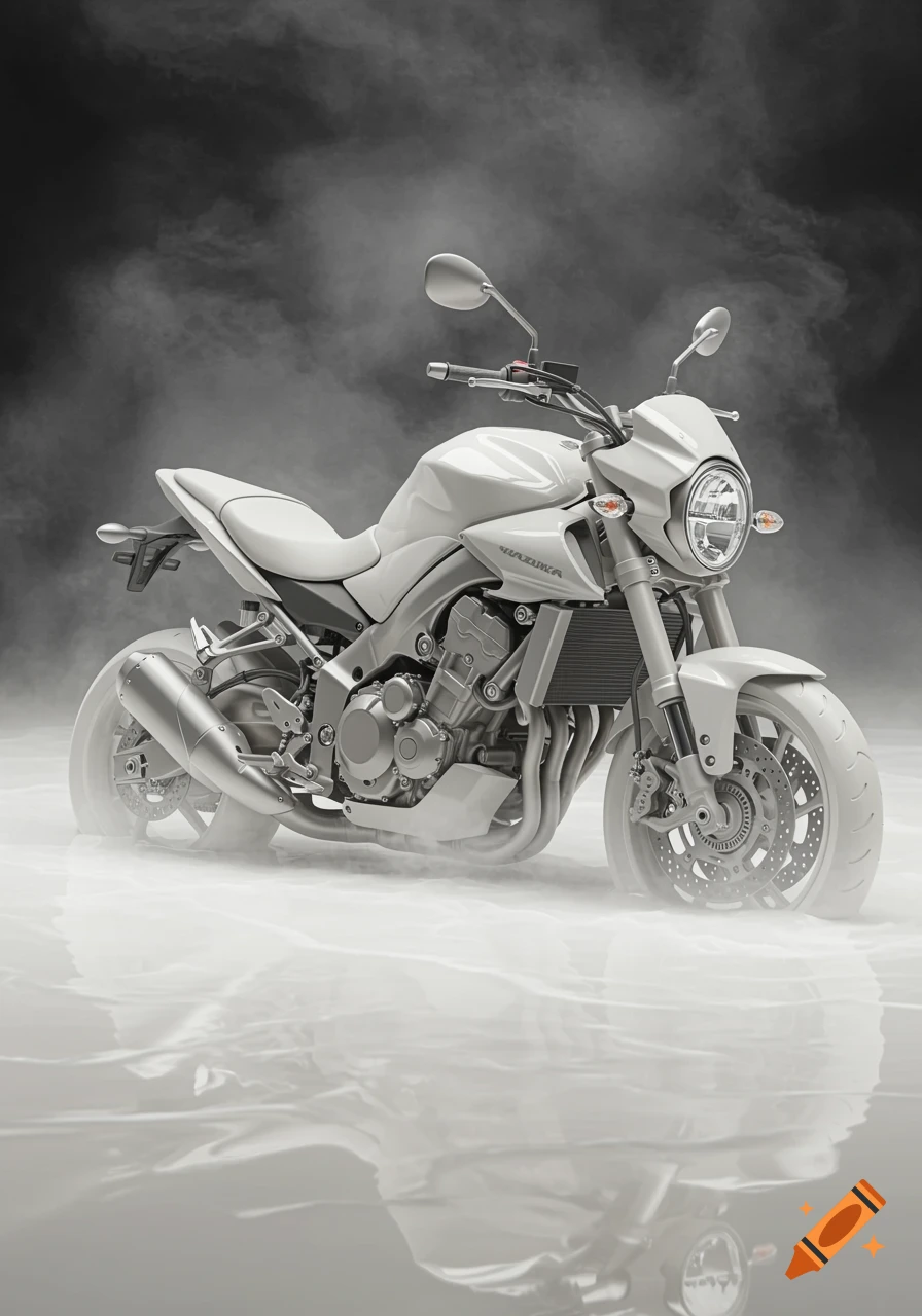 A detailed, white motorcycle partially submerged in a milky substance, with a dark, smoky background.