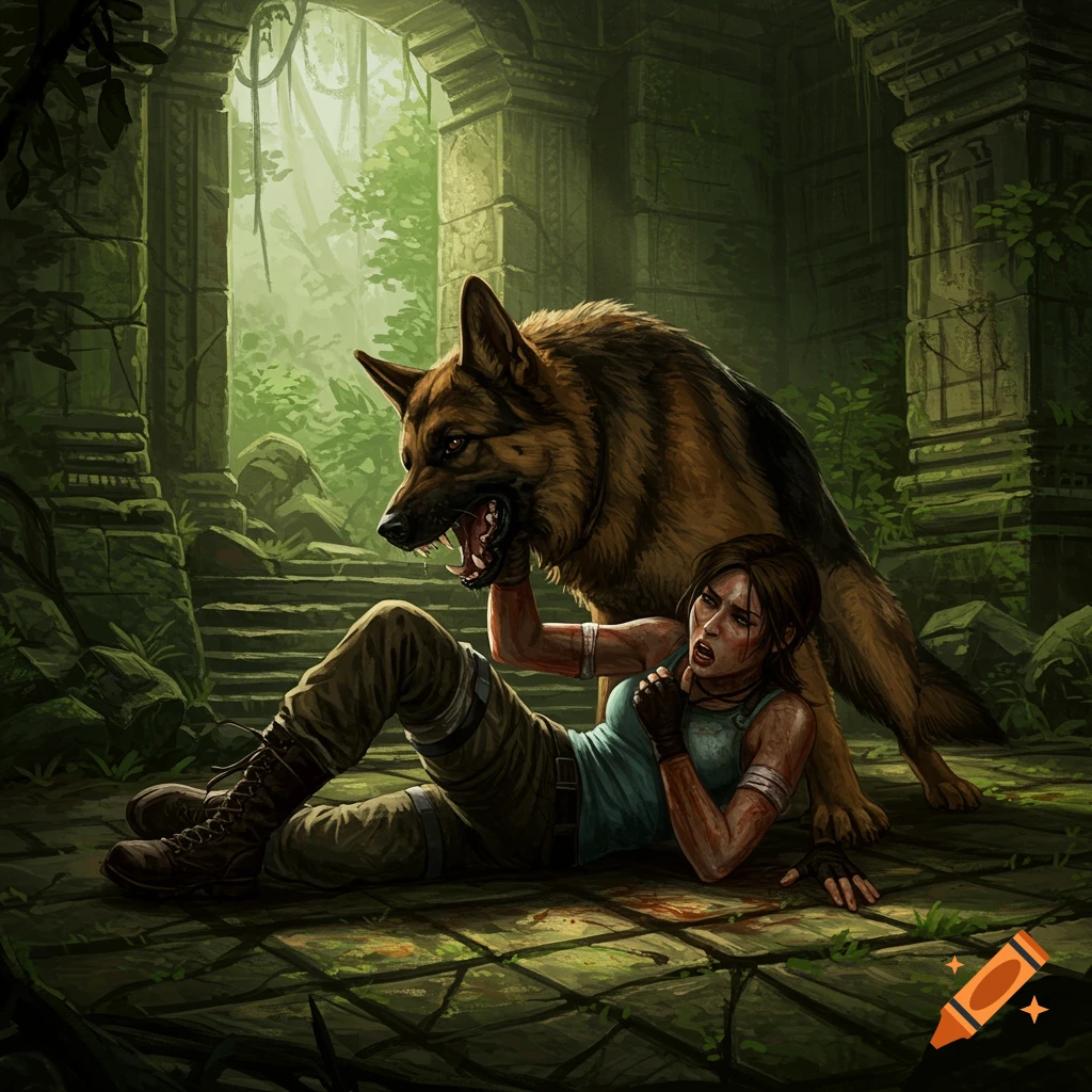 Lara Croft struggles on the ground with a German Shepherd biting her arm in overgrown ancient ruins.