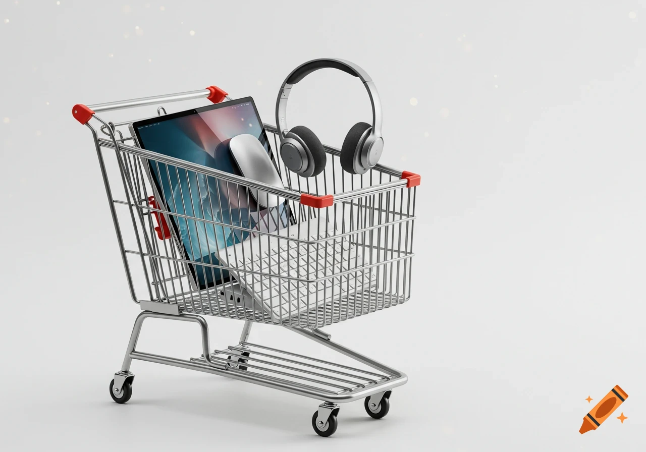 A silver shopping cart filled with a laptop, mouse, and headphones on a white background.