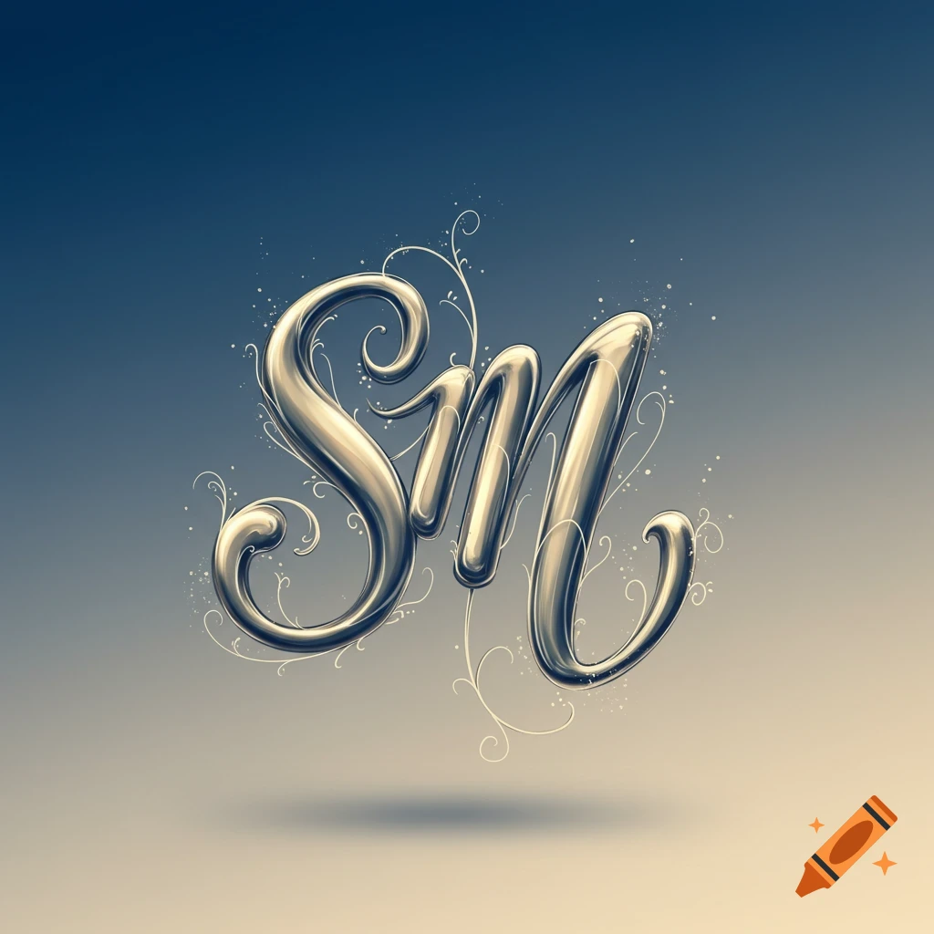 Metallic silver cursive letters 'SM' with swirling decorative lines, floating against a blue to beige gradient background.