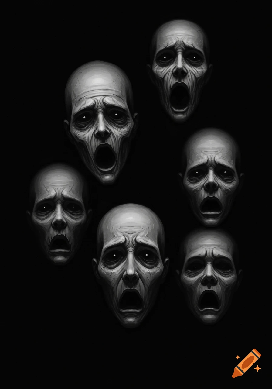 Multiple distorted, screaming grayscale faces emerging from a dark background in a horror art style.