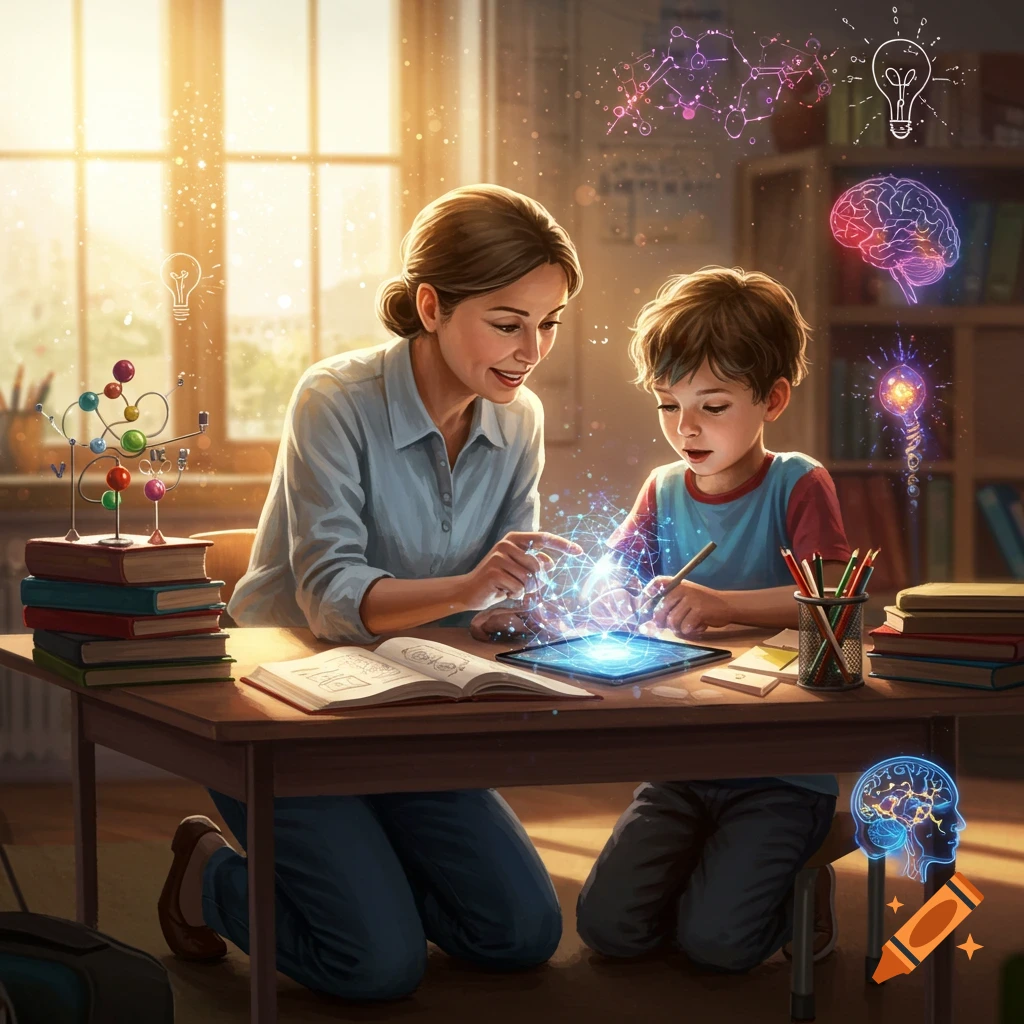 A woman and a young boy learning together with a glowing tablet, surrounded by educational symbols like brains and lightbulbs, in a sunlit room.