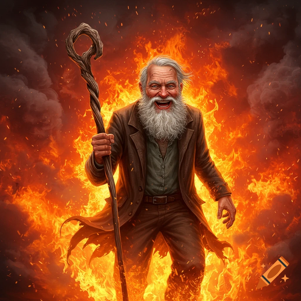 A laughing old man with a white beard and a twisted staff stands in a fiery landscape.
