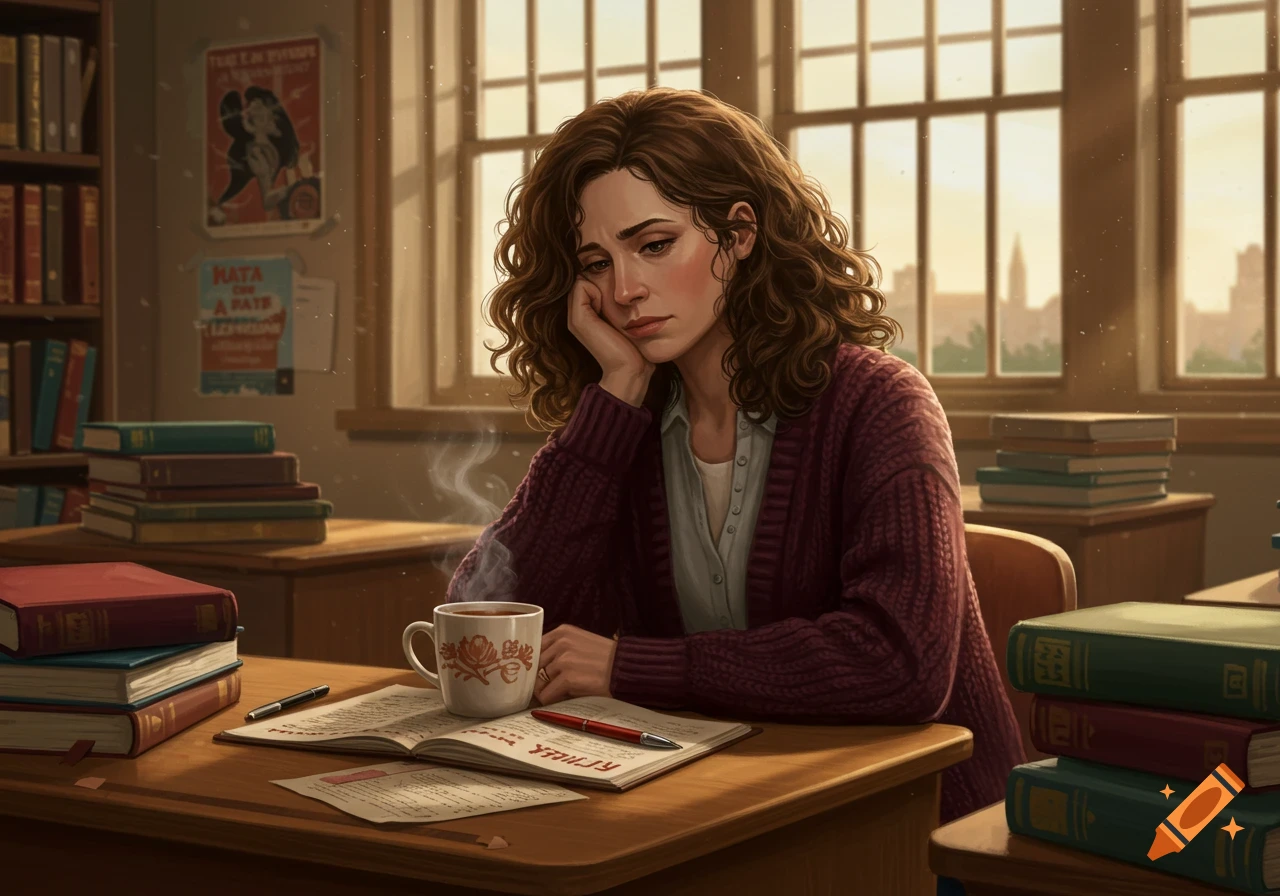 A curly-haired woman looks tired, resting her head on her hand at a desk filled with books, a steaming cup, and pens, in a sunlit library.