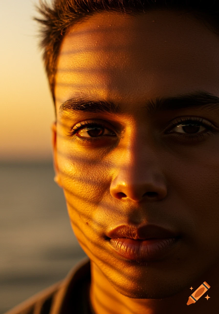 Close-up portrait of a person's face, bathed in warm golden sunset light with strong shadows.