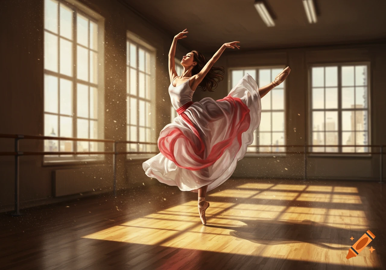 A ballerina in a white and red dress dances gracefully in a sunlit studio with large windows.
