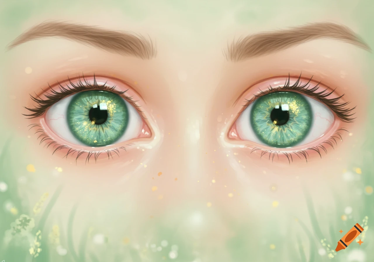 A close-up illustration of light green eyes with golden flecks and subtle green elements around them.