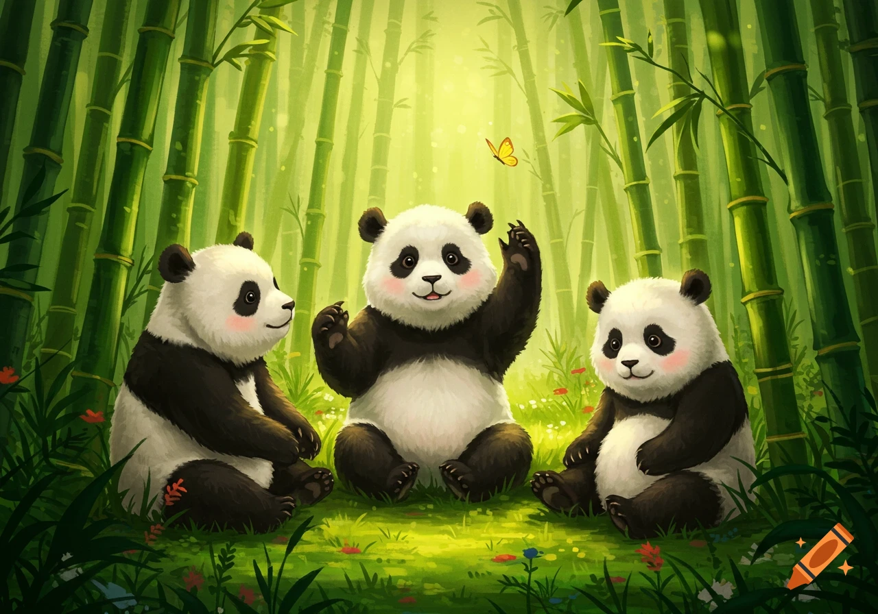 Three cute pandas sit on lush green grass in a bright bamboo forest, with a butterfly fluttering overhead.
