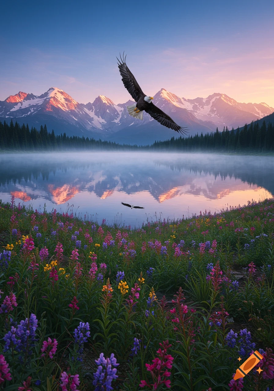Photorealistic eagle soaring over a misty mountain lake with snow-capped peaks and colorful wildflowers.
