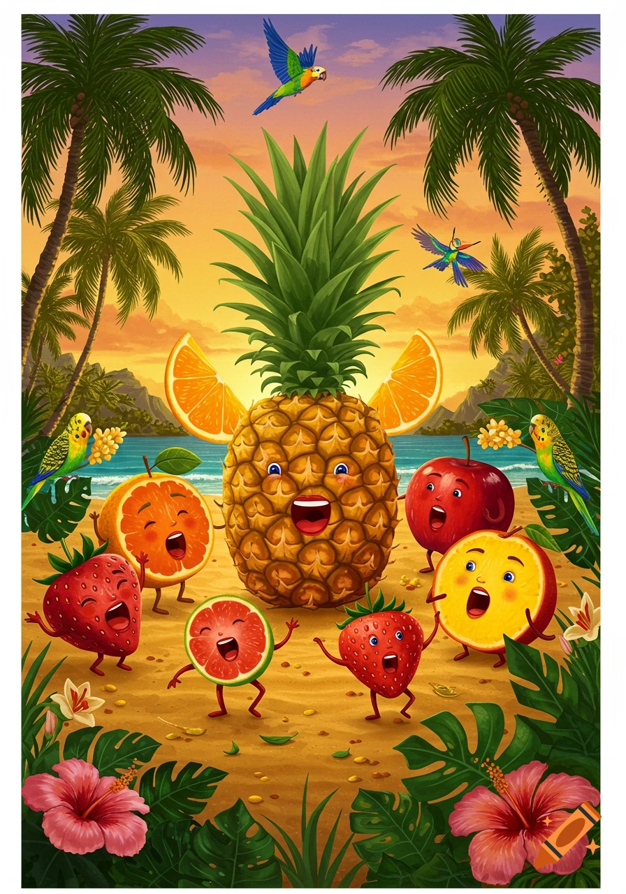 Cartoon illustration of a pineapple, orange, strawberries, watermelon, and apples with faces singing and dancing on a tropical beach at sunset.