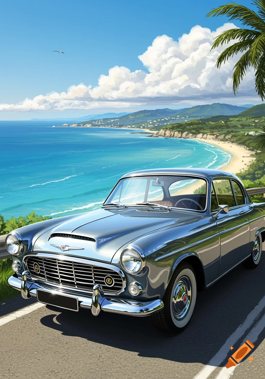 A vintage light blue car is parked on a coastal road overlooking a beautiful turquoise ocean with white waves and a sandy beach. Lush green hills with houses line the coast under a blue sky with fluffy white clouds and a single bird flying. A palm tree is visible on the right.