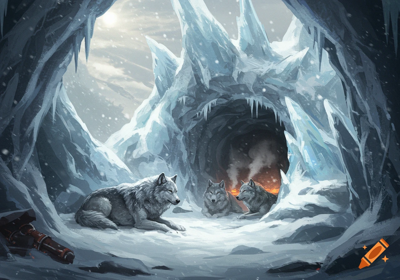 Three wolves resting in a snowy ice cave with a glowing fire in the background, digital painting.