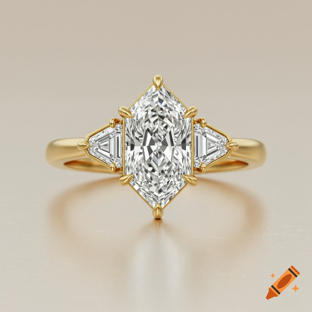 A gold engagement ring with a hexagon center diamond and two triangular side diamonds.