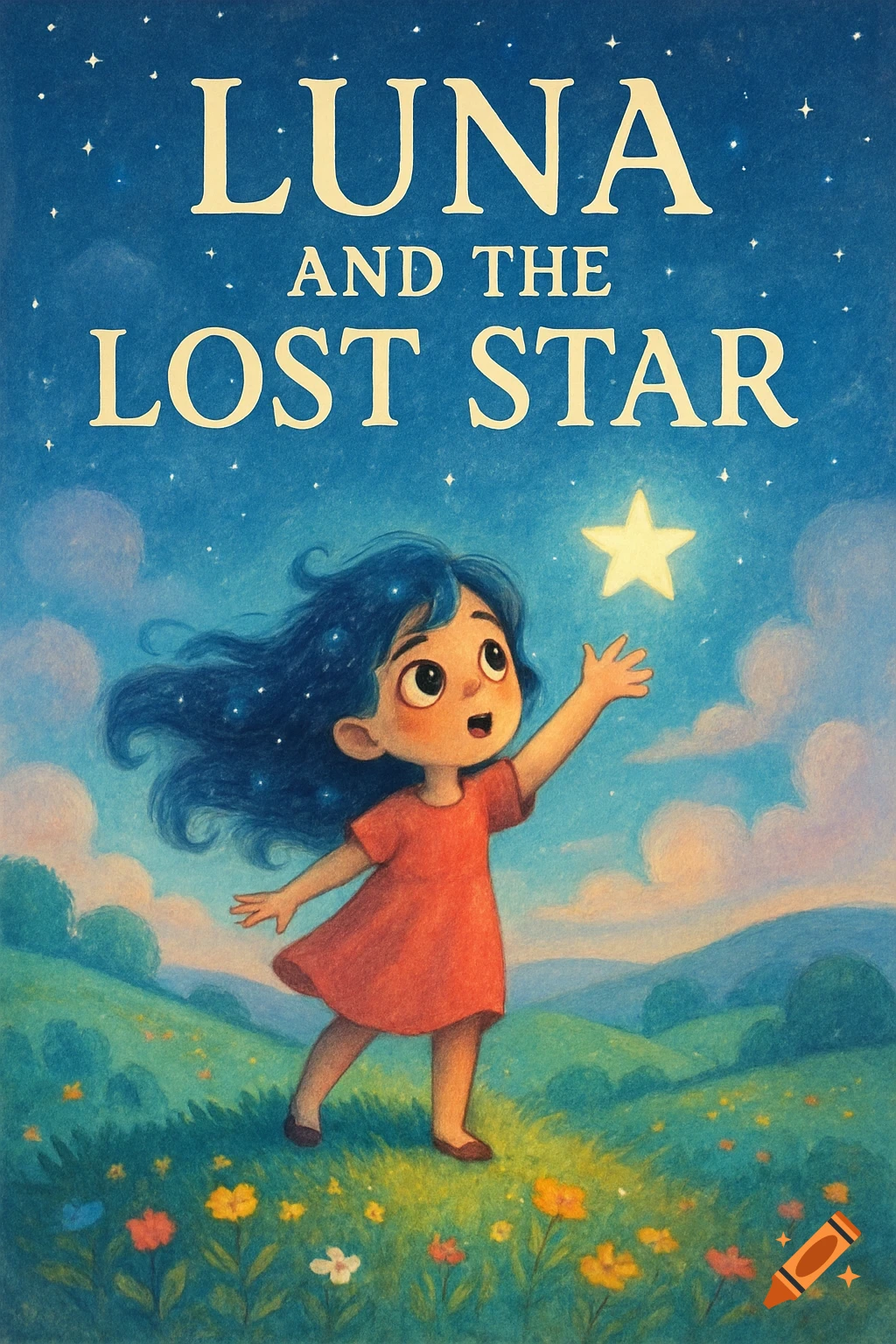 A whimsical children's book cover shows a girl with blue hair reaching for a star in a field. Title: LUNA AND THE LOST STAR.