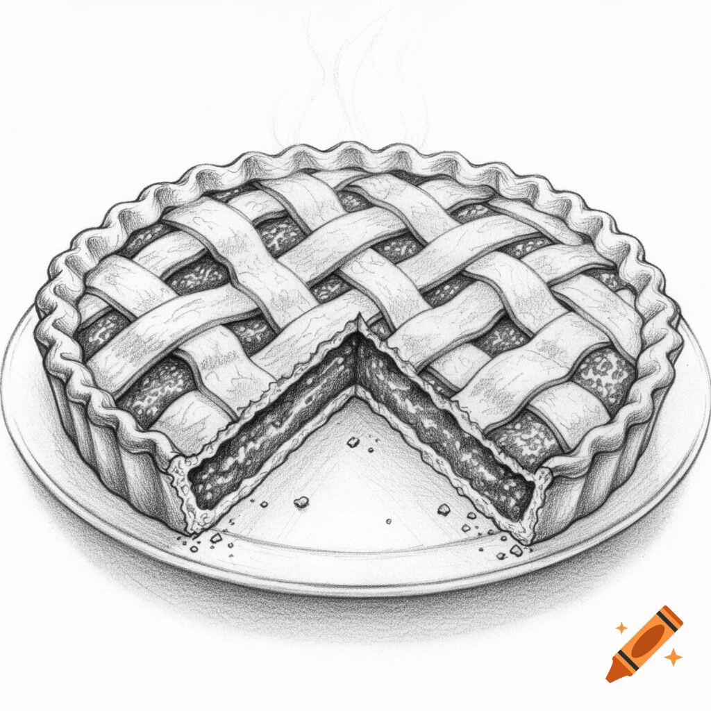 Fine black and white pencil sketch of a lattice-top pie on a plate with one slice removed, steam rising.