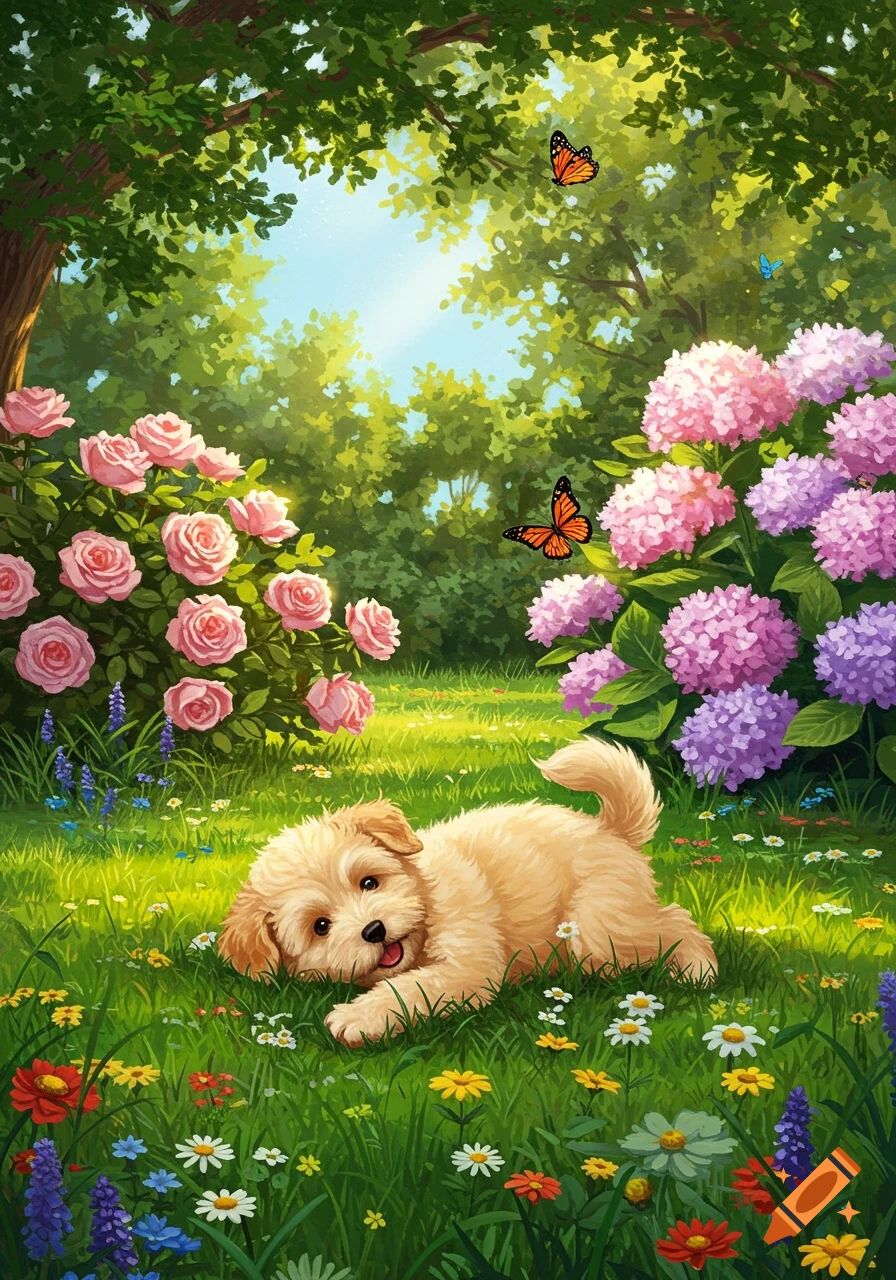 A cute golden puppy lies in a colorful wildflower meadow with pink roses and purple hydrangeas under a sunny sky, with butterflies.