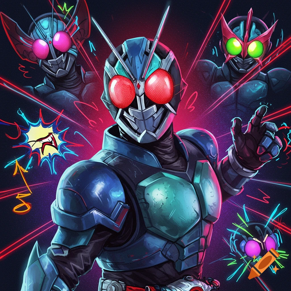 Stylized Kamen Rider characters with glowing eyes, surrounded by energetic lines and comic book effects on a dark, vibrant background.