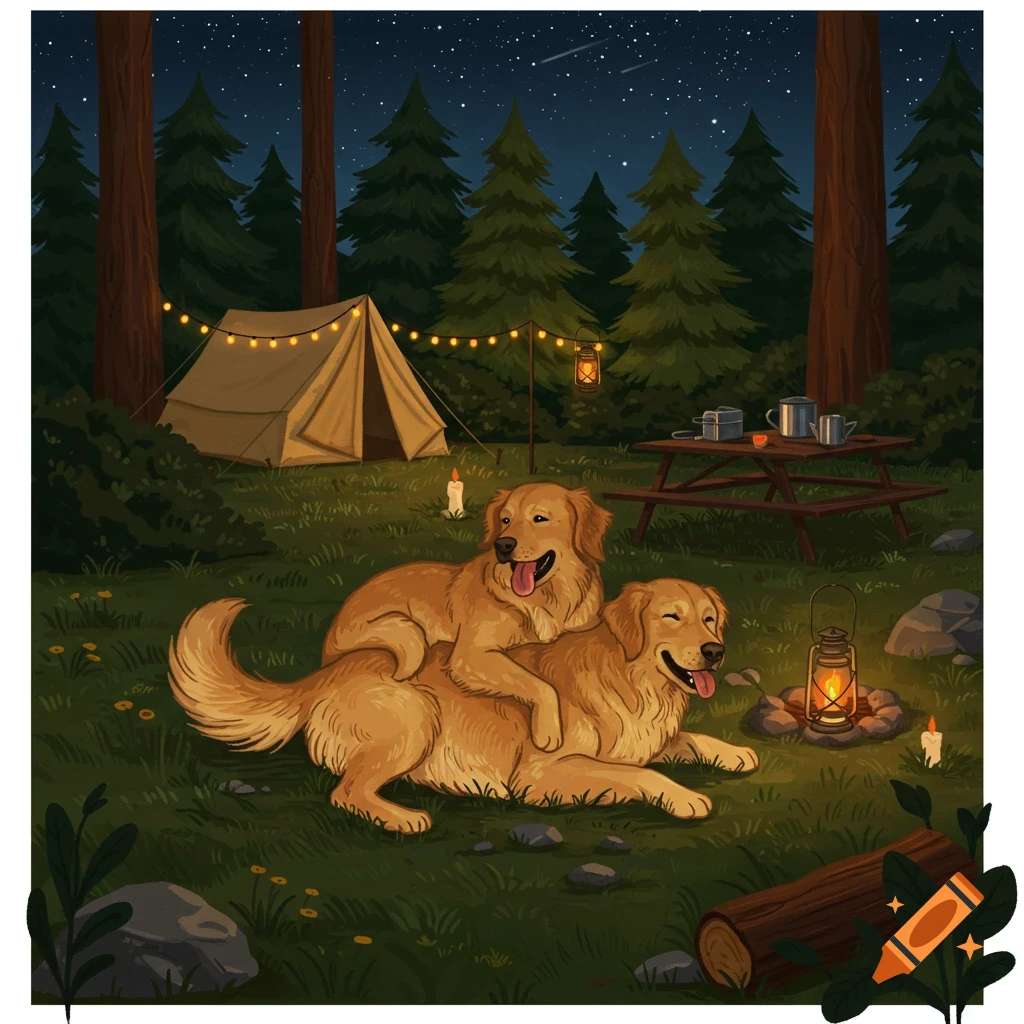 Two golden retrievers are camping under a starry night sky with a tent, string lights, and a campfire.