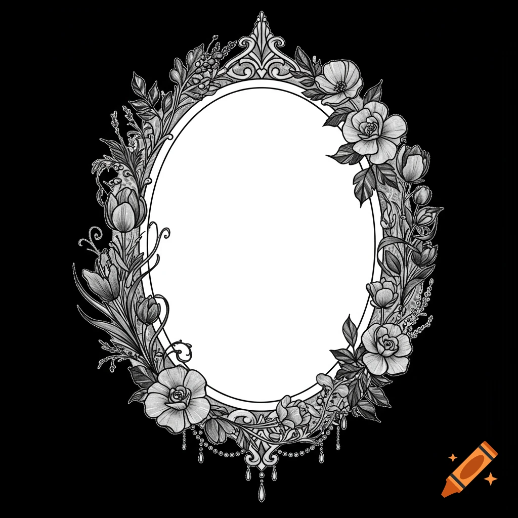 An ornate oval frame with a gothic and romantic border of black and white wildflowers, roses, tulips, and delicate leaves.