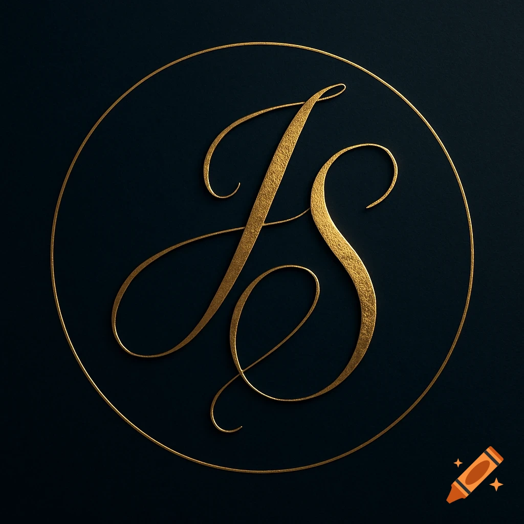A golden, ornate cursive J and S intertwined within a thin golden circle on a dark background.