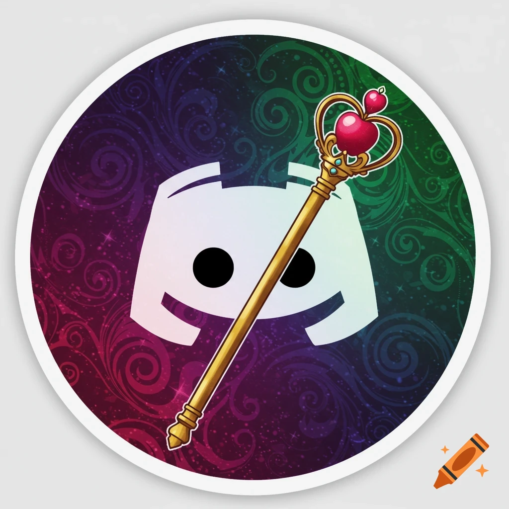 A round Discord logo sticker with a white icon against a swirling purple and green background, featuring a golden heart-topped magic staff.