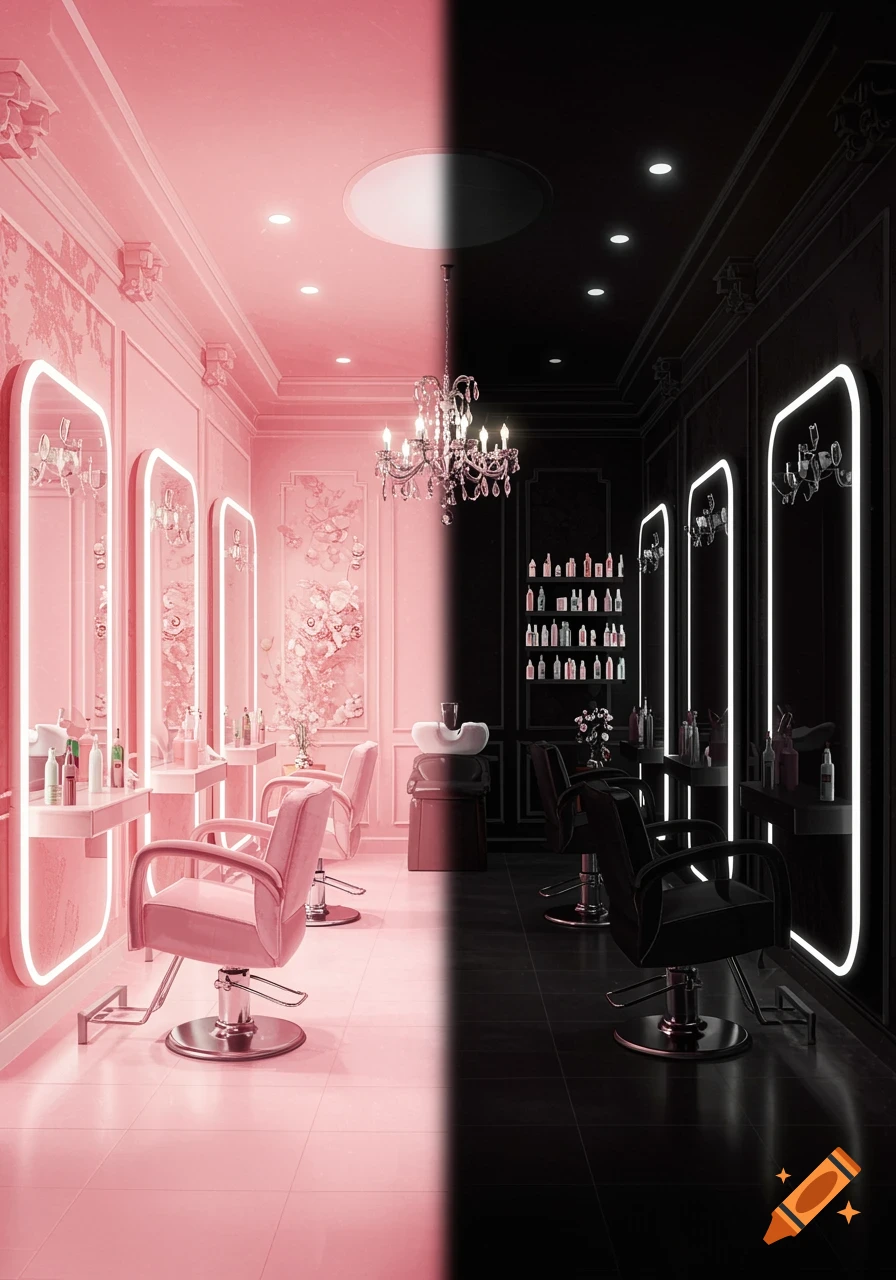 A photorealistic interior of a hair salon, split down the middle into a vibrant pink half and a sleek black half.